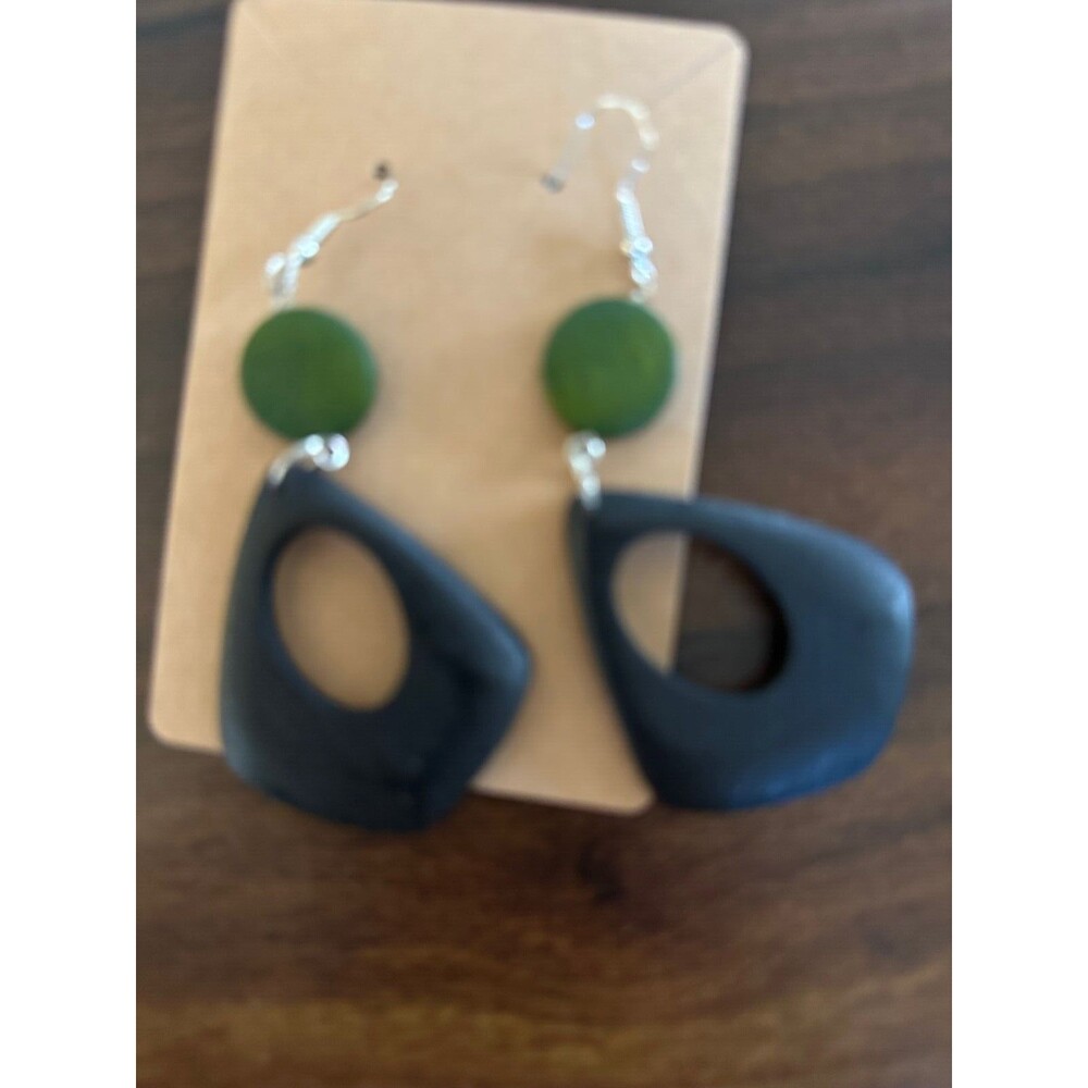 Simple Double  Drop Wooden Trendy Earrings 2 Color - GREEN and  BLACK 2 pairs
